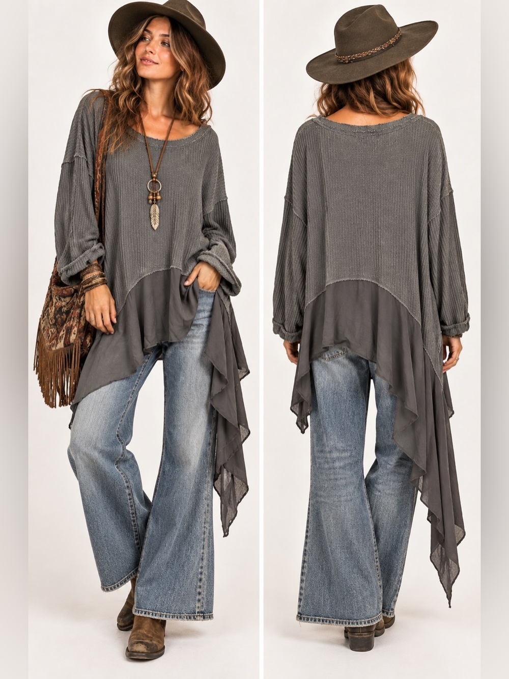 We The Free Gray Waffle-Knit Mixed-Media Lagenlook Hippie Pullover Top Medium